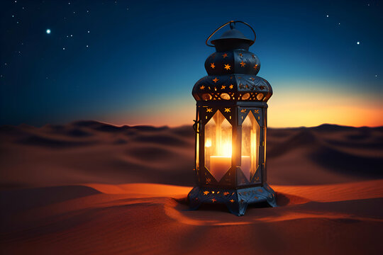 Lantern in the desert. Ramadan Kareem.  3d  rendering
