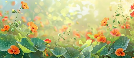 A cluster of blooming nasturtium flowers with graceful green foliage standing tall in the grass under the summer sun.