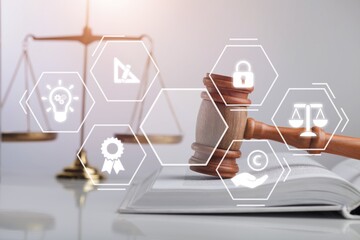 Intellectual property, judge working in courtroom