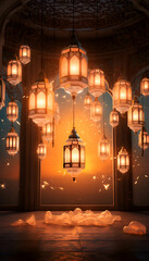 Ramadan Kareem background with arabic lanterns and flowers