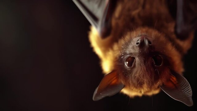 Closeup of a bat hanging upside down from a street lamp its eyes glittering in the bright light as it rests before resuming its hunt.
