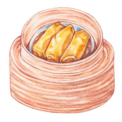 pork and shrimp bean curd skin roll watercolor style, traditional asian food design