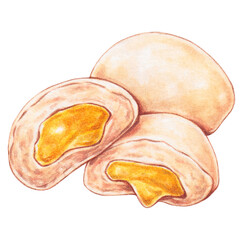 egg yolk, steamed custard bun watercolor style, traditional asian food design