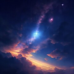 Vibrant Sky with Sunset, Clouds, and Sun: A Beautiful Nature Landscape in Shades of Orange, Blue, and Red, Radiating Brightness and Dramatic Beauty during Dusk and Dawn