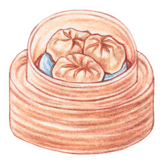 steamed shanghai dumplings watercolor style, traditional asian food design
