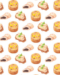 dimsum pattern background watercolor style, traditional asian food design