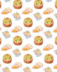 dimsum pattern background watercolor style, traditional asian food design