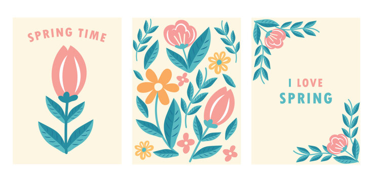 Fototapeta Set of cards, posters with simple hand-drawn flowers. Vector illustration of Spring Flowers cartoon pink and yellow with inscriptions I Love Spring, Spring Time, eps 10.