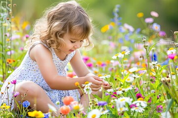 a little daughter exploring nature, picking wildflowers or watching insects in the garden.