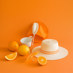 Orange and Hat. Vacation in Spain concept minimalistic style