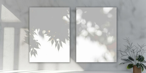 two squares of blank white framed with shadow leaves, mock up design