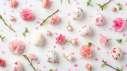 Easter eggs and pink flowers on white background