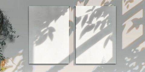 two squares of blank white framed with shadow leaves, mock up design