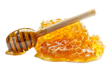 Fresh Natural Honey and Honeycomb with Wooden Dipper Isolated on White Background
