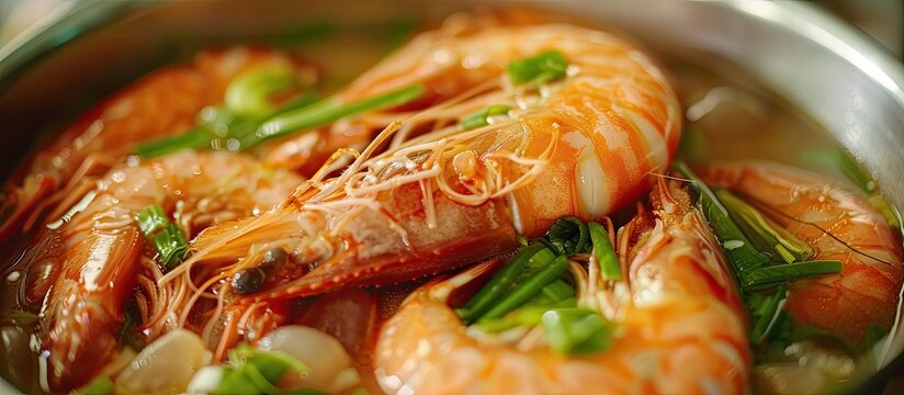 The close-up shot showcases a bowl filled with Sinigang na Hipon, a Filipino dish consisting of shrimp cooked in a savory tamarind broth.
