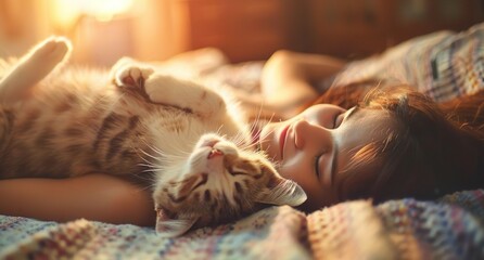 A woman and her cat are comfortably lying on the bed - obrazy, fototapety, plakaty