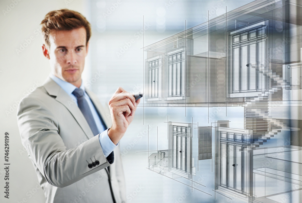 Poster architecture, planning and drawing on digital hologram for floor building, innovation and work on pr