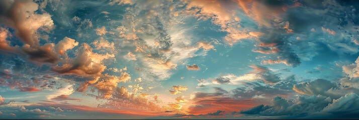 Beautiful cloudscape with blue sky and orange clouds at sunset or sunrise