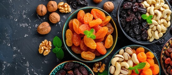A top view of an assortment of dried fruits including dates, prunes, apricots, raisins, and a variety of nuts, all placed in separate bowls, presenting a selection of Ramadan food. - obrazy, fototapety, plakaty