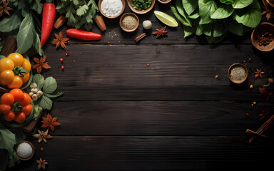 copy space background with assortment of vegetables herbs and spices on wooden tabletop ai generated