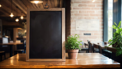 blank blackboard sign for copy space with a pot of plant in cafe background ai generated