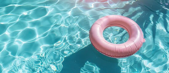 A pink ring floats effortlessly on the surface of a crystal clear blue pool, ready for swimmers to use. The contrast between the bright pink and serene blue creates a striking visual.