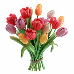 Springtime charm. A colorful bouquet of clay-modeled tulips, showcasing vibrant reds, purples, and yellows, tied together with a simple band, against a white background.