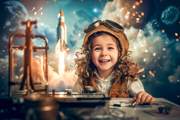 Child is interested in astrology. A sky rocket is departing in the background.