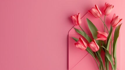 Elegant floral greeting. A delicate arrangement of pink tulips partially tucked inside a matching envelope on a soft pink background, perfect for a sophisticated invitation or announcement.