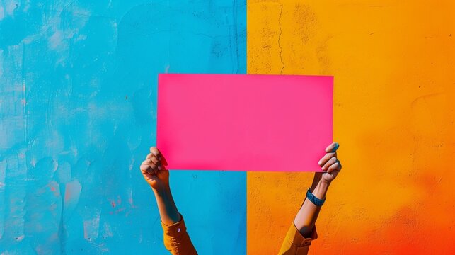 Vibrant activism. Hands holding a bright pink sign against a bold blue and orange painted wall, conveying a message of energetic expression and vibrant protest.