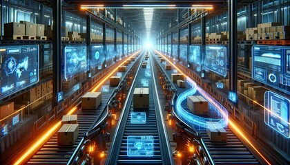 Futuristic warehouse interior with conveyor belts transporting packages among glowing holographic displays and digital interfaces.Logistics concept.AI generated. - obrazy, fototapety, plakaty