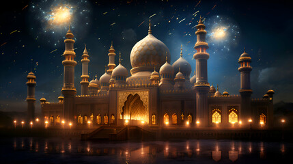 Mosque and fireworks in the night sky.  3d  illustration.