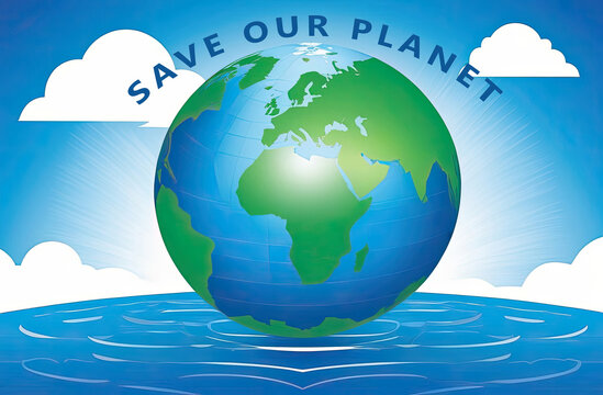 A globe to show the Earth's continents and oceans, blue sky, clouds on blurred background. Slogan "Save Our Planet" surrounding the globe. Earth day and environmental conservation concept