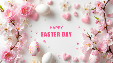 happy easter background with easter eggs and blossom cherry flower