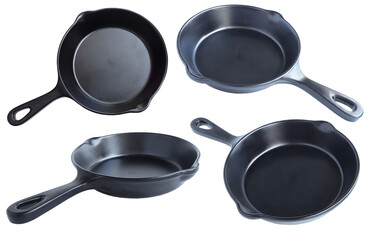 Set of multiple different of empty cast iron pan isolated on a white background with clipping path. 