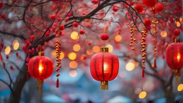 red lanterns on a tree, seamless Animation video background