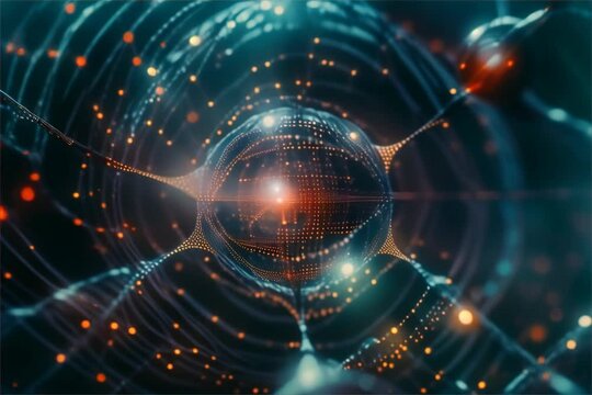 Artificial Intelligence merging with Quantum Computing and Blockchain, close-up in a dark, Augmented Reality