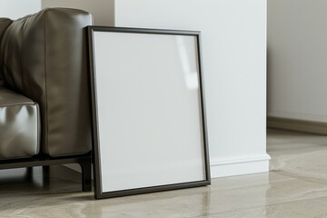 empty blank picture frame with a black border leaning against a wall in a minimalist room - mockup template for poster/art product placement