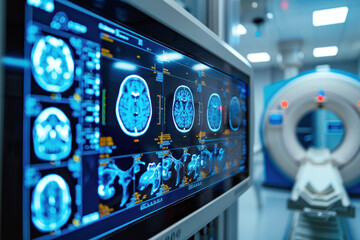 Screen monitor display a brain X-ray in MRI room