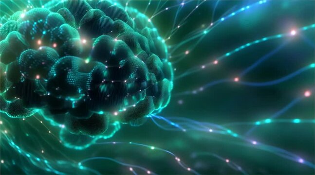 Artificial intelligence concept, digital brain in technology data stream, vivid details