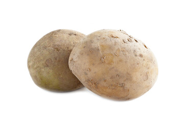 Fototapeta premium Two raw potatoes isolated on white background.