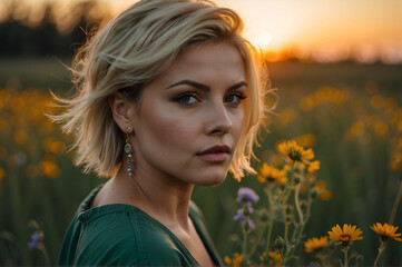 Naklejka premium A blond woman with short hair in a spring meadow during sunset.