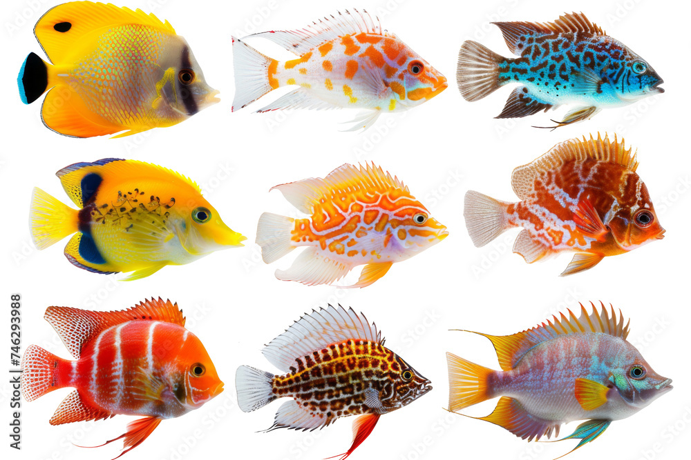 Sticker collection of tropical ocean bright fish isolated on background, marine life with colorful fishes, a