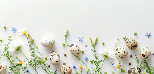 Fototapeta na wymiar Easter quail eggs and springtime flowers over white background