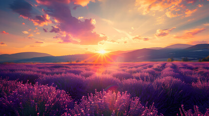sunset in the field,
Beautiful sunset over lavender field in Provence - obrazy, fototapety, plakaty