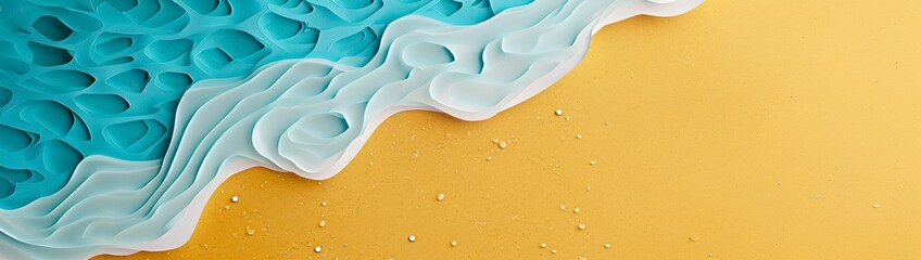 : A picturesque seaside summer long banner featuring paper-cut blue waves on the left side and golden yellow beach sand on the right. - obrazy, fototapety, plakaty