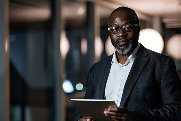 Middle aged African American business man portrait holding a computer tablet in hands