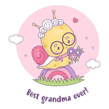 Cute snail elderly lady granny with flowers on rainbow. Happy insect character old woman with gray-haired hairstyle. Vector illustration. Holiday greeting card for your dear beloved grandmother.