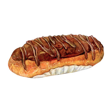 Cake eclair chocolate watercolor drawing cream. Icing bakery tasty dessert illustration. Sweet day pastry aquarelle Caramel sauce puffs choux