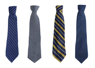 Strapped neckties in different on white background. Top view of striped tie on white background....